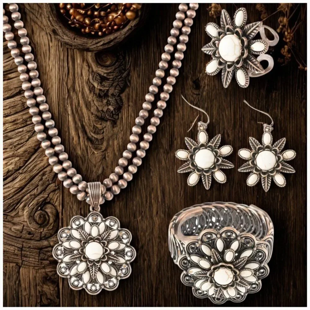 Bohemian 3-Layer Sunflower White Turquoise Faux Stone Jewelry Set 4pc